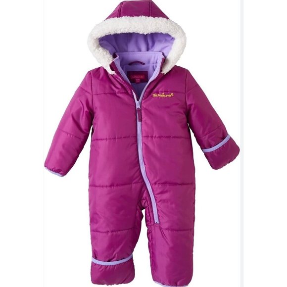 Pink Platinum Baby Girls One Piece Warm Winter Puffer Snowsuit Pram Bunting 12 M - Picture 1 of 16